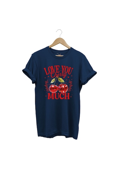 Love You Cherry Much Yazılı Kiraz Baskılı %100 Pamuk Unisex Regular Fit T-shirt Lacivert