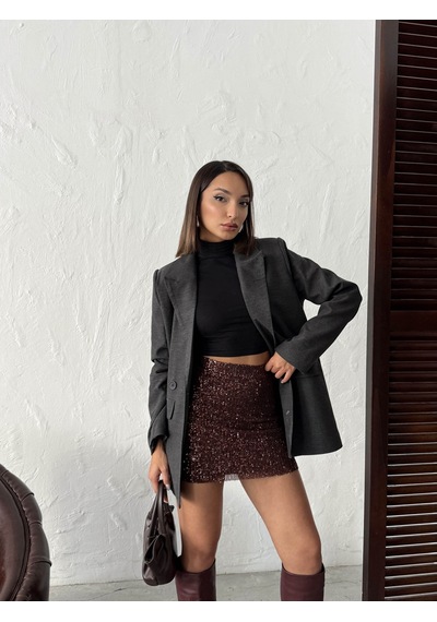 Verymoda Payetli Mini Etek - Şık Gece Ve Parti Modası F1980 Kahve