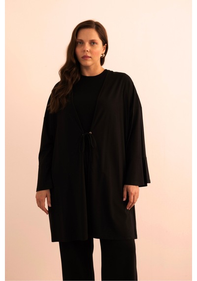 Aker Önden Bağcık Detaylı Örme Kimono Siyah Siyah