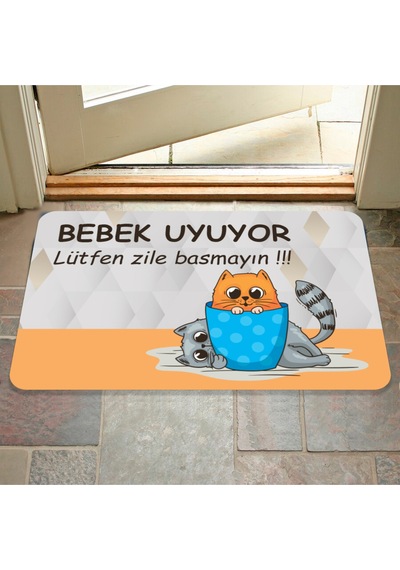 Bebek Uyuyor Lütfen Zile Basmayın Yazılır Dekoratif Dış Kapı Önü Ve Iç Mekan Paspası Yıkanabilir Bej