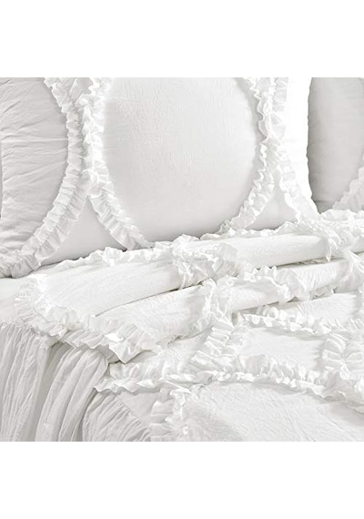 Lush Décor Riviera Fırfırlı Etek Yatak Örtüsü Beyaz Salaş Şık Çiftlik Evi Tarzı Hafif 3 Parça Set Polyester Genel