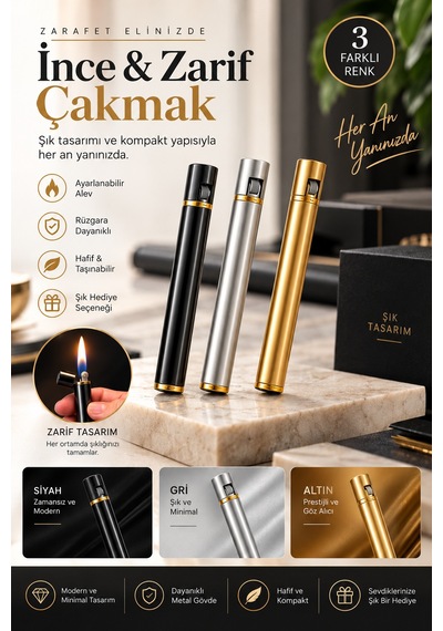 İnce Kalem Tasarımlı Gaz Dolumlu Metal Kapaklı Premium Sarı
