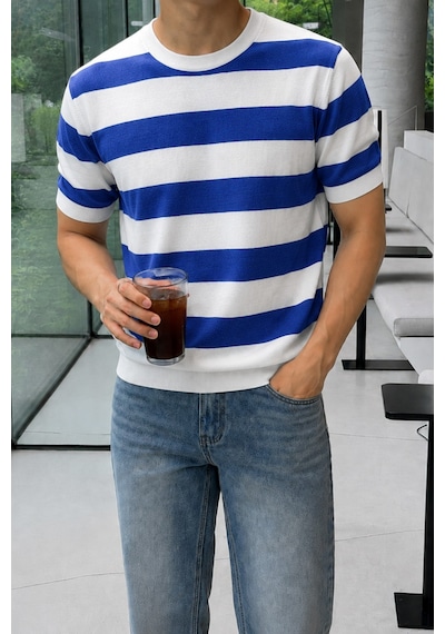 Tarz Cool Erkek Çizgili Triko Tişört Bisiklet Yaka Slim Fit Yazlık İnce Dokulu Lacivert