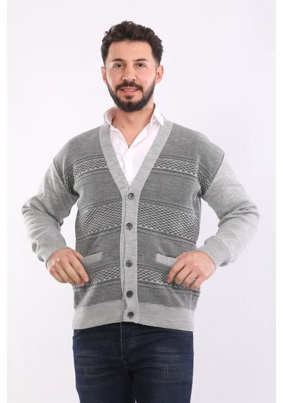 Kzctekstil Erkek Baba Triko Örgü Çift Cepli Akrilik Klasik Fit Düğmeli Hırka Açık Gri
