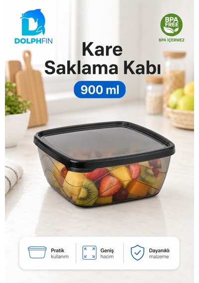 Kare Saklama Kabı 900 Ml Füme Şeffaf Siyah Kapaklı Buzdolabı Kabı Bpa İçermez