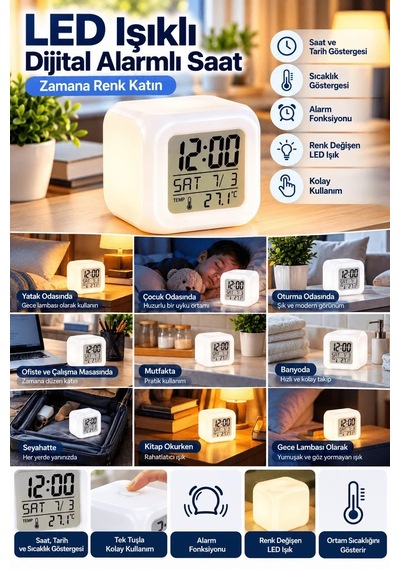 Lb Led Aydınlatmalı Küp Saat Dijital Alarm Tarih Ve Sıcaklık Göstergeli Çok Renkli