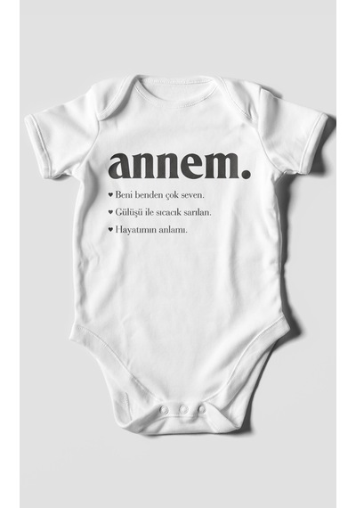 Annem Baskılı Bebek Zıbını Çıtçıtlı Body 8 Renk %100 Pamuk Kısa Kol Beyaz