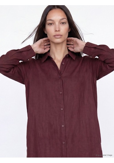 Lcw Everyday Bordo Oversize %100 Keten Kadın Gömlek Tunik