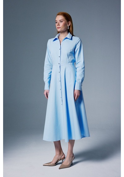 Sateen Uzun Düğme Detaylı Elbise - Mavi-137084 Mavi
