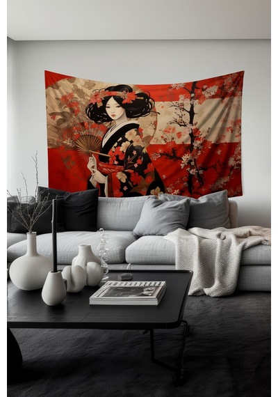 Sakura Güzelliği Desenli Duvar Halısı Duvar Örtüsü Tapestry Süet Dokulu Kumaş