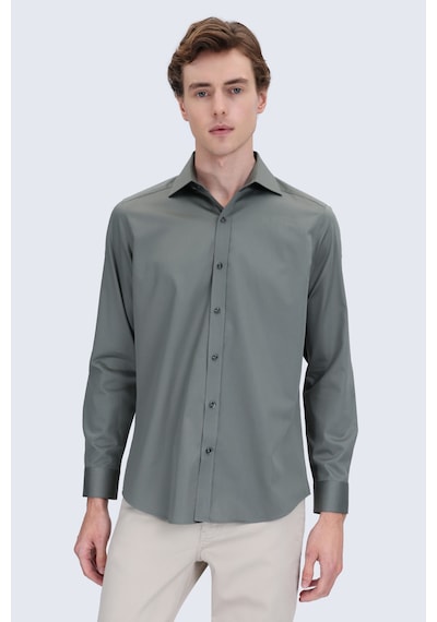 Hatemoğlu Yeşil Slim Fit Açık İtalyan Yaka 100% Pamuk Uzun Kollu Spor Gömlek