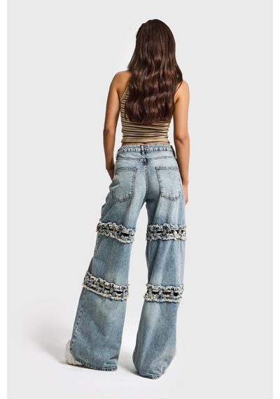 it's basic Kadın Kot Rengi Palazzo Fit Yırtık Detaylı Tasarım Denim Jean Mavi
