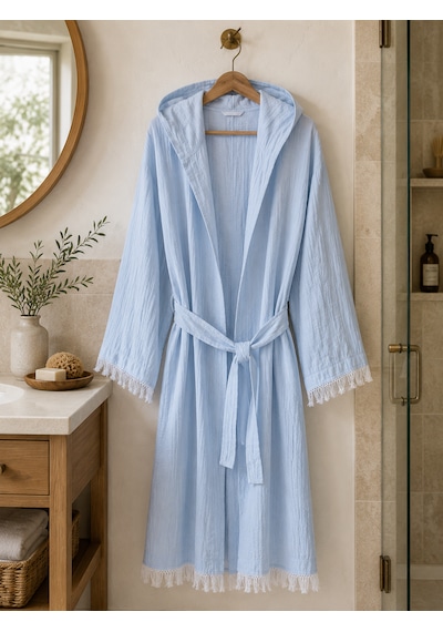 Aquatolıa Muslin Düz Desen Plaj, Sauna, Spa, Banyo Amaçlı Bornoz. Mavi