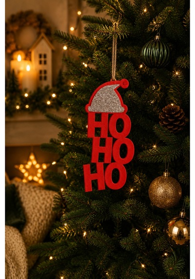 Ho Ho Ho Yılbaşı Kapı & Ağaç Süsü Kırmızı Keçe, Gümüş Taşlı Kırmızı
