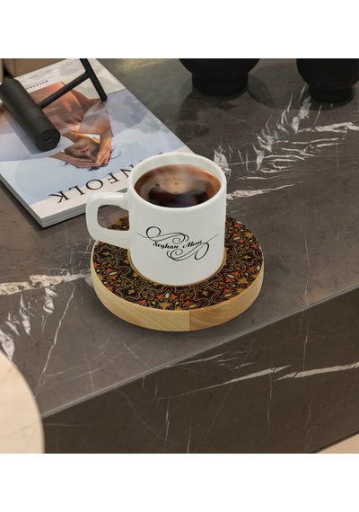 Kişiye Özel Retro Motif Tasarımlı Doğal Ahşap Tabaklı Türk Kahvesi Fincanı Model 12