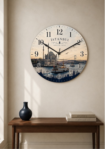 AA Shop İstanbul Türkiye Şehir Manzaraları Desenli Dekoratif Baskılı Ahşap Duvar Saati 45 Cm Sessiz Akar Mekanizma 899 Çoklu Renkli