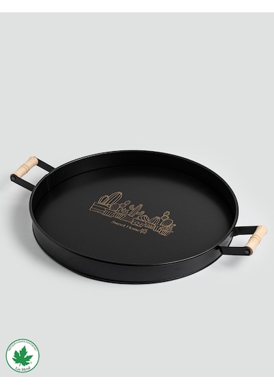 Lin Metal 37cm Yuvarlak Tepsi Ahşap Kulplu Kaktüs Baskılı - Siyah