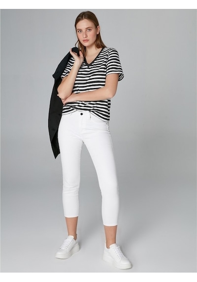 Faik Sönmez Kadın Slim Fit Coton Parça Boya Pantolon B00044 Beyaz