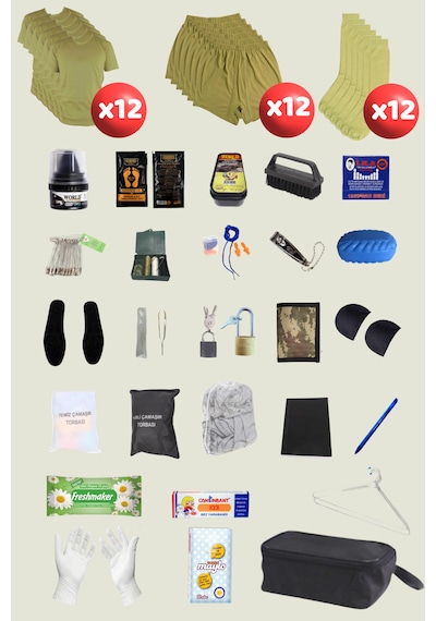 Outdoorun 12'li Askerlik Seti Fanila Don Çorap Ve 27 Parça Aksesuar - Temel Ve Bedelli Askerlik Malzemeleri Haki