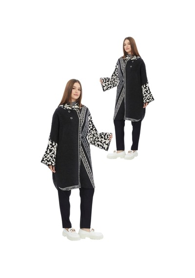Kadın Büyük Bedene Uygun Kapüşonlu Kışlık Kalın Leopar Desenli Panço Leopar Siyah