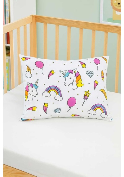 Bebek Özel%100 Pamuklu Bebek Çocuk Yastık Kılıfı 35x45 Cm, Beyaz Unicorn Pembe Desenli, 2 Adet Çok Renkli