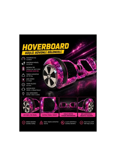 Hoverboard 6.5 İnç Led Işıklı Taşıma Kollu 36v 5.2ah Elektrikli Kaykay Pembe