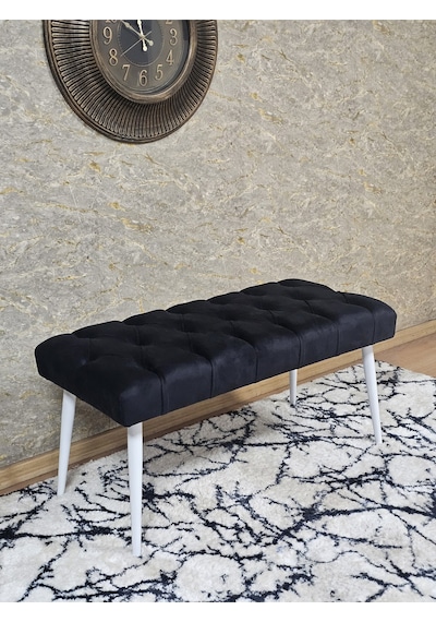 Zafir Beyaz Boyalı Sivriltme Ayaklı 90 Cm Puf Bench - Puf - Bench - Kasalı Oturak - Oturak - Yatak Ucu Puf Siyah