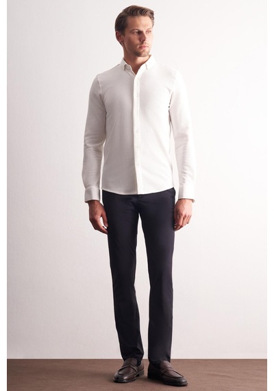 İmza Ekru Uzun Kol Düğmeli Yaka Kendinden Desenli Pamuklu Slim Fit Gömlek 1004255267 Ekru
