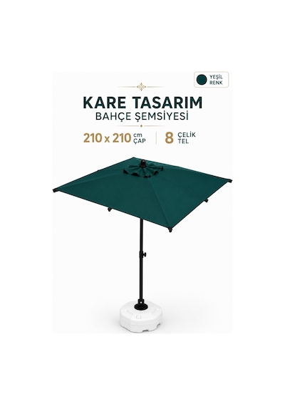 Alubrella Yeşil 210x210 Kare 8 Çelik Tel Bahçe Şemsiyesi Bidonlu