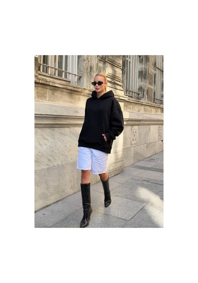 Zdnjeans Kadın Taşlı Kanat Baskılı Oversize Kapüşonlu Sweatshirt siyah