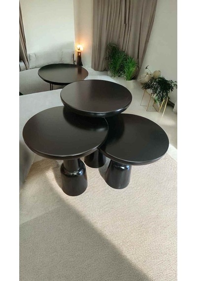 Siyah Renk Masif Ahşap Mantar Sehpa 3 Lü Doğal Zigon Ve Fiskos Takımı - Wooden Coffee Table Siyah