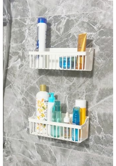 Banyor Yapışkanlı Banyo Rafı, 2'li Banyo Düzenleyici Organizer Duş Şampuanlık, Plastik Beyaz Diğer