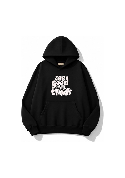 Herkesemoda See Good Baskılı Kanguru Cepli Oversize Sweatshirt Siyah