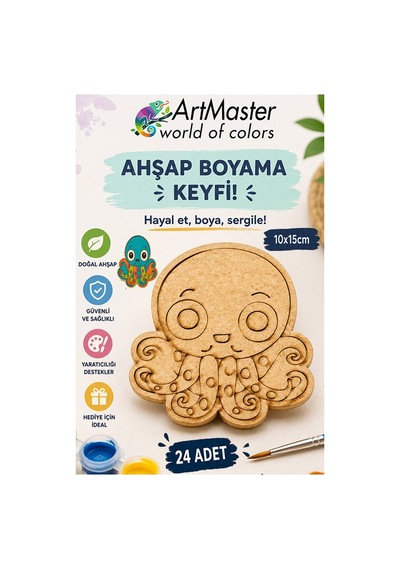 Ahşap Boyama Ahtapot 24 Adet 10x15cm Boyama Deniz Figürü Etkinlik Çoçuk Gelişim Motor Beceri Kreş Anasınıfı