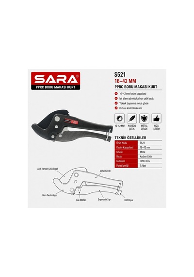 Sara S521 Kurt Pprc Boru Makası 16 42 Mm Kesim Kapasitesi, Metal Gövde