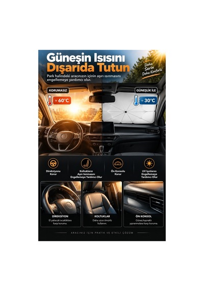 Robeve Şemsiye Tipi Araç Ön Cam Güneşliği - Hızlı Açılır Katlanabilir Uv Ve Isı Korumalı Oto Güneşlik, Taşıma Kılıflı Kompakt Araba Güneş Şemsiyesi Araç Şemsiyesi Araç Güneşlik
