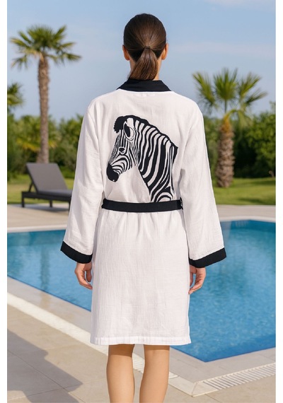 Baskılı Müslin Kimono Bornoz Unisex %100 Pamuk Yumuşacık 2 Katlı Doğal Kumaş - Ztmbb10 Siyah