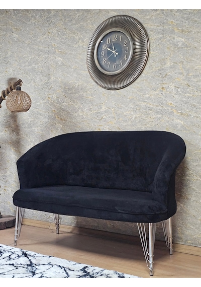 Zafir İkili Teddy Krom Kaplama Telli Ayak Çay Seti Koltuk İkili Berjer , Balkon, Salon, Ofis Siyah