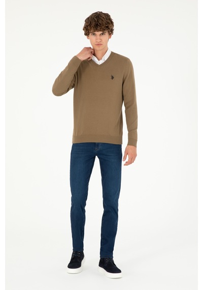 U.S. Polo Assn. Erkek Slim Fit V Yaka Haki Basic Kazak 50293512-VR027