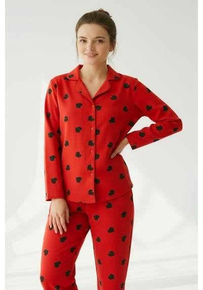 Süet Gömlek Pijama Takımı 7107 Kalpli Kırmızı Kırmızı