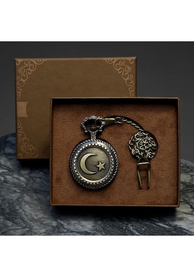 Kişiye Özel Retro Vintage Türk Bayraklı Köstekli Cep Saati