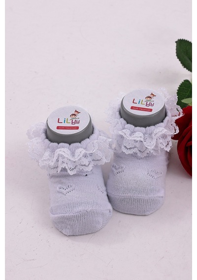 Burçak Çorap Soft Yıkamalı Kız Bebek Çorabı - Tül Ve Güpür Detaylı Pamuklu Model 4'lü Dantelli Beyaz