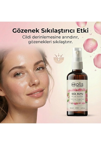 Saf Gül Suyu - 100% Pure Rose Water 100 Ml - Doğal Gül Mayası Hidrolatı - Canlandırıcı Ve Nemlendirici Yüz Toniği Cam Şişe Ve Sprey