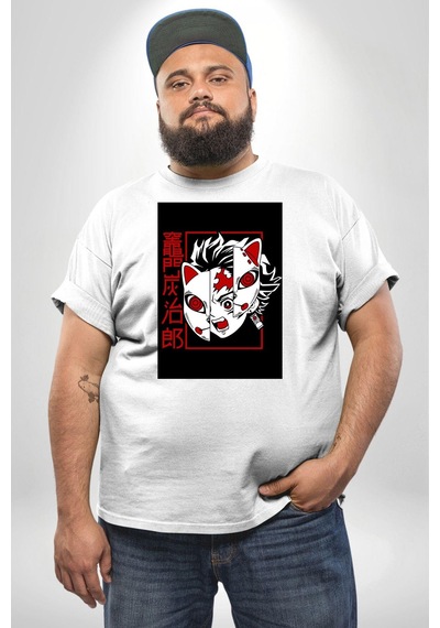 Angemiel Anime İblis Avcısı Kimetsu No Yaiba Maske Beyaz Büyük Beden Kadın Erkek Ünisex Basic Ön Baskılı Tişört Beyaz