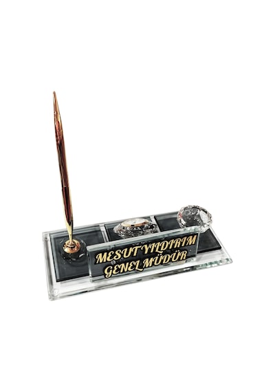 Mertkristal Kristal Masa İsimliği Kalemli Ofis Hediyesi M112-Gold