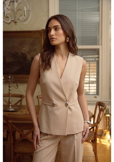Sateen Sofia Düğme Detaylı Yelek - Bej-137607
