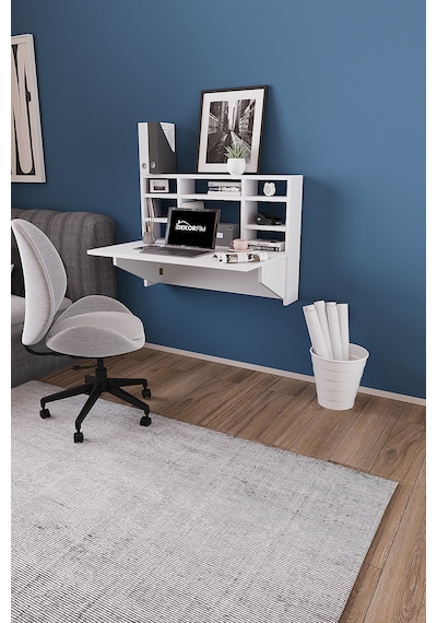 Df01104cm Duvara Monte Katlanır Çalışma Masası Raflı Duvar Masası, Minimal Tasarım Beyaz