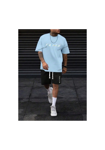 Homme Erkek Yazılı Baskılı T-shirt Ve Şort Takım Mavi