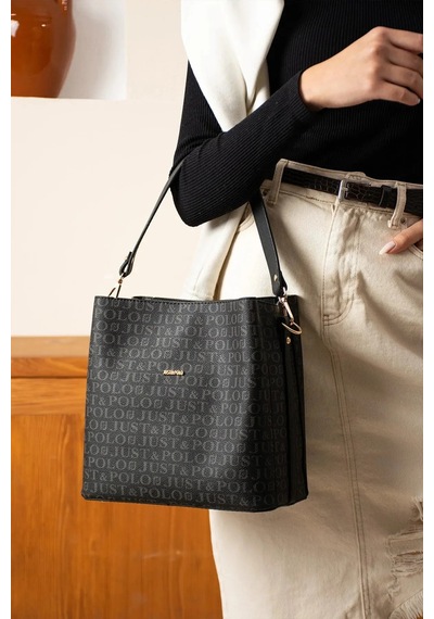 Just Polo Kadın Monogram Baskılı El Ve Omuz Çantası Ebat 25 X 25 Siyah