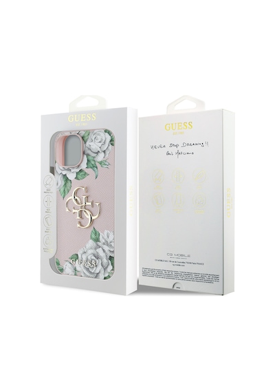 Apple Uyumlu iPhone 15 Kılıf Guess Lisanslı Gül Baskılı Büyük Metal Logo Dizaynlı Kapak Pembe